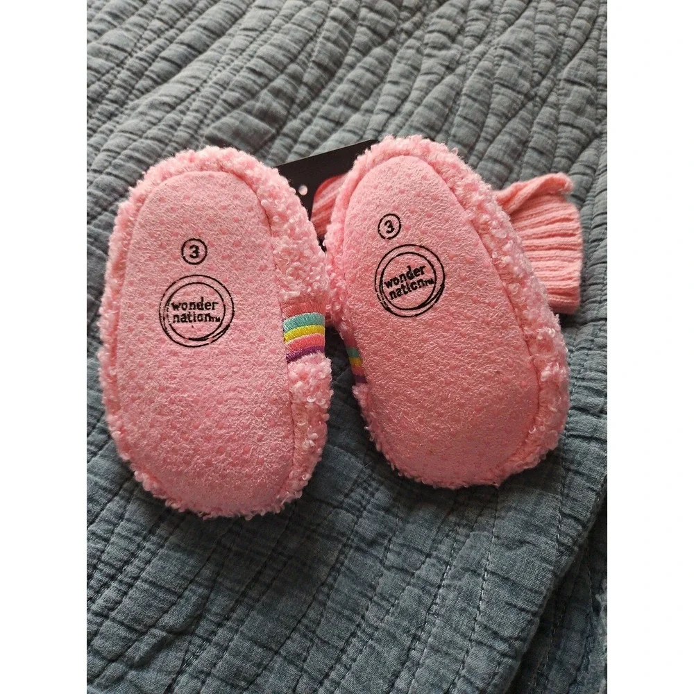 Wonder Nation Rainbow Cloud‎ Slippers Booties Fuzzy Pink Girls Baby Size 3